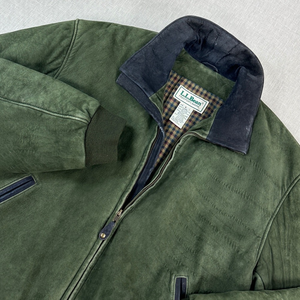 L.L. Bean Bomber Jacket Mens L Green Nubuck Leather Thinsulate Plaid Vintage